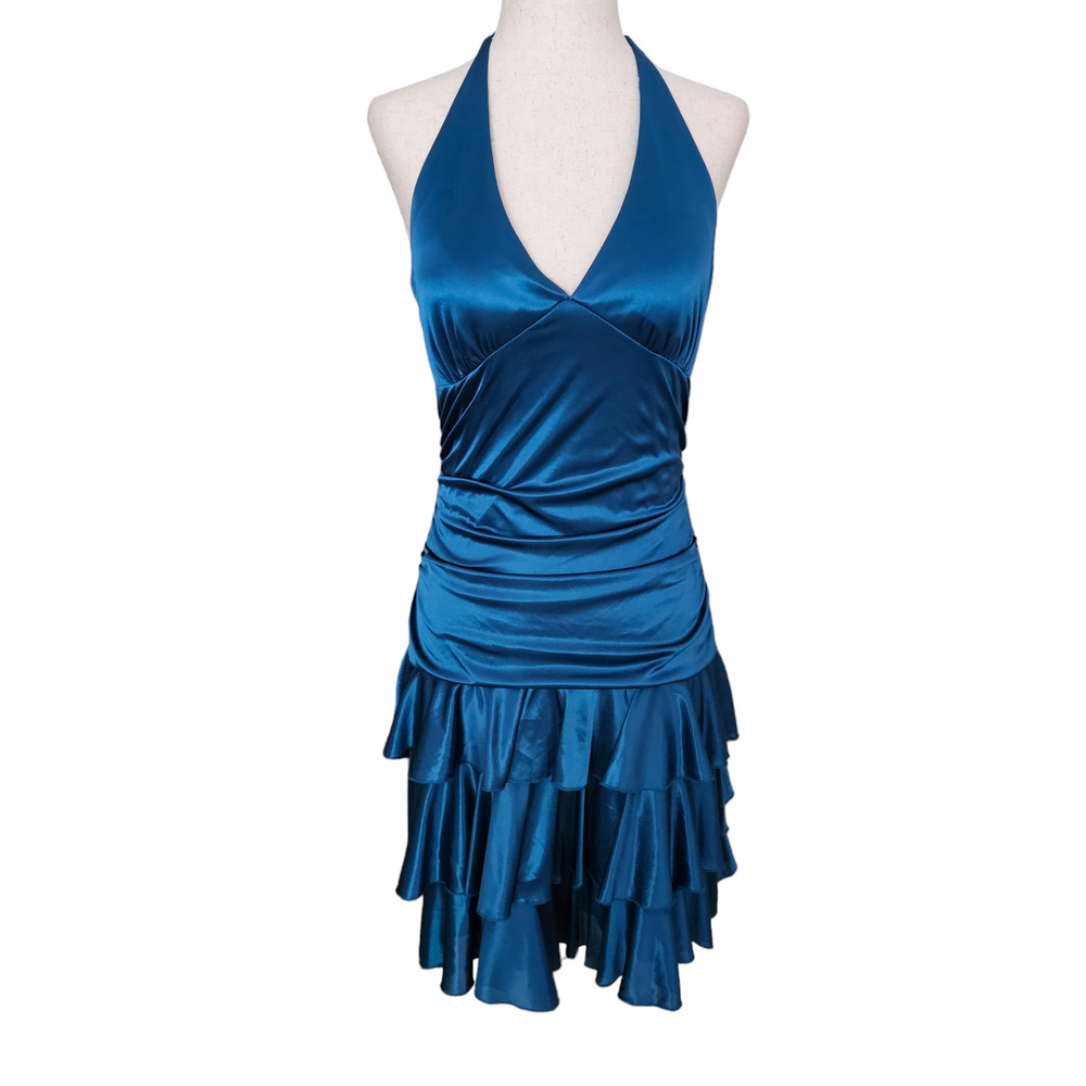 City Triangles Teal Blue Halter Ruffle Mini Dress